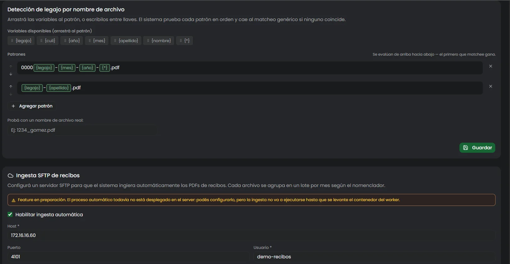 Configuración de patrones de nomenclatura e ingesta por SFTP